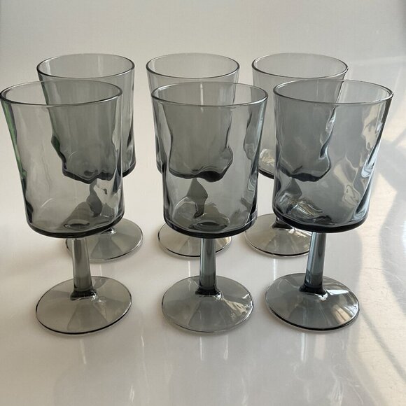 VINTAGE 1960S DUZ CRYSTAL ALL SMOKE OPTIC SWIRL WINE GLASSES SET 6 - Picture 1 of 12